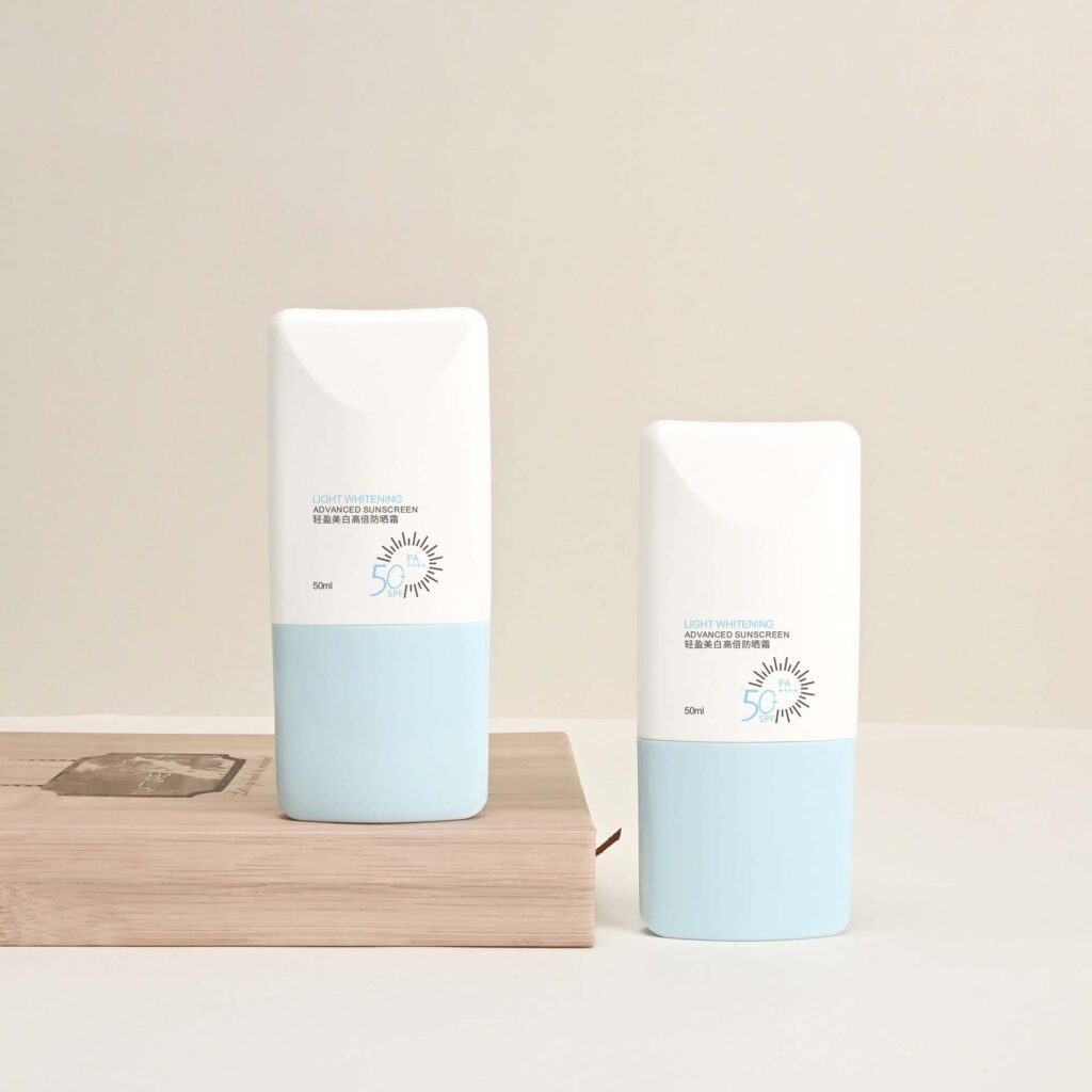Nozzle tip close-up of flip top sunscreen bottle packaging