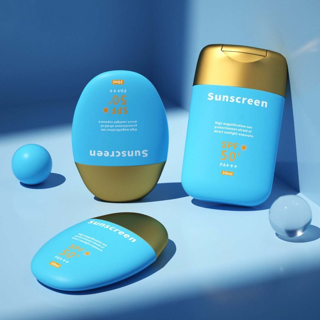 Frosted sunscreen bottle nozzle tip detail, cosmetic packaging