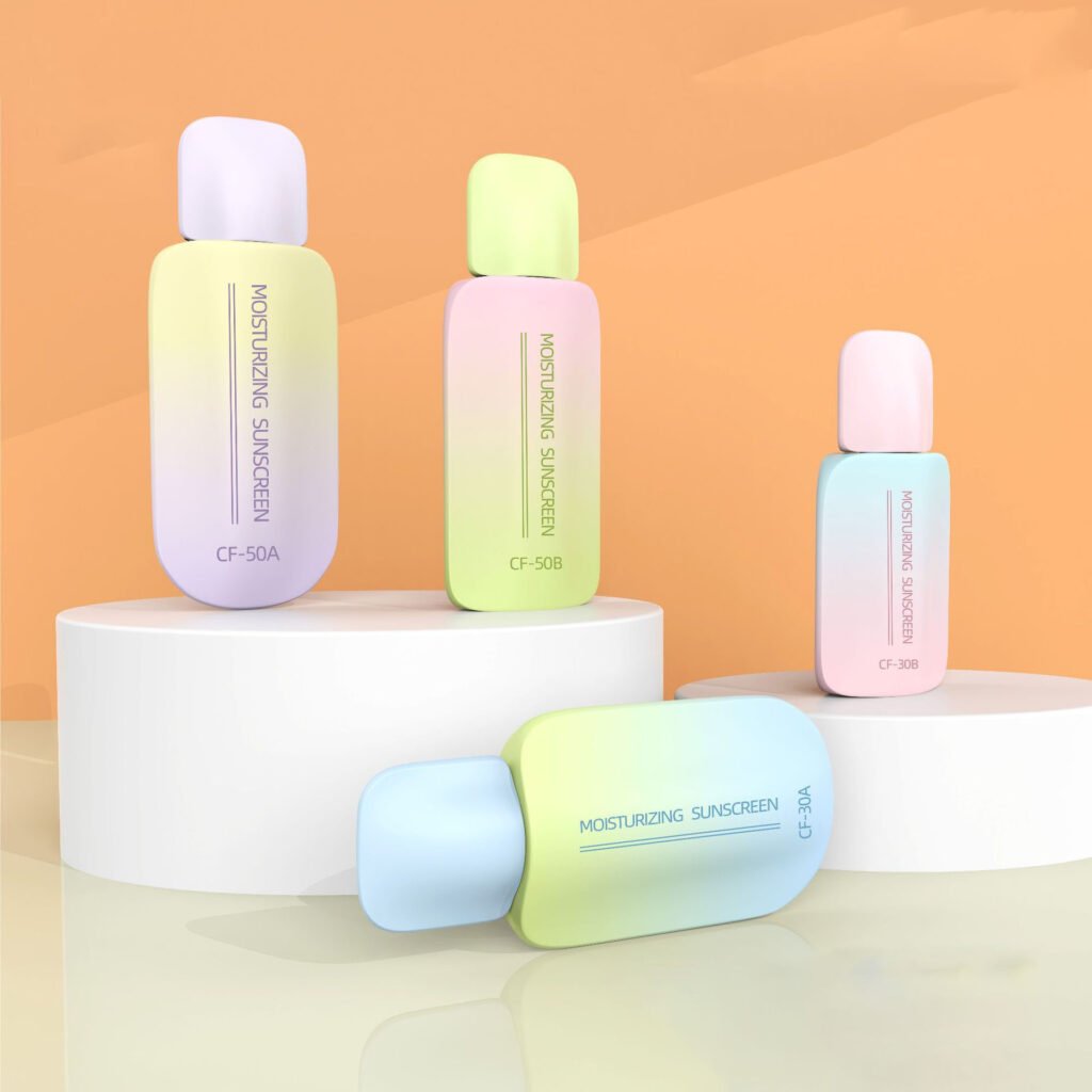 Gradient color sunscreen bottle packaging with custom cosmetic finish