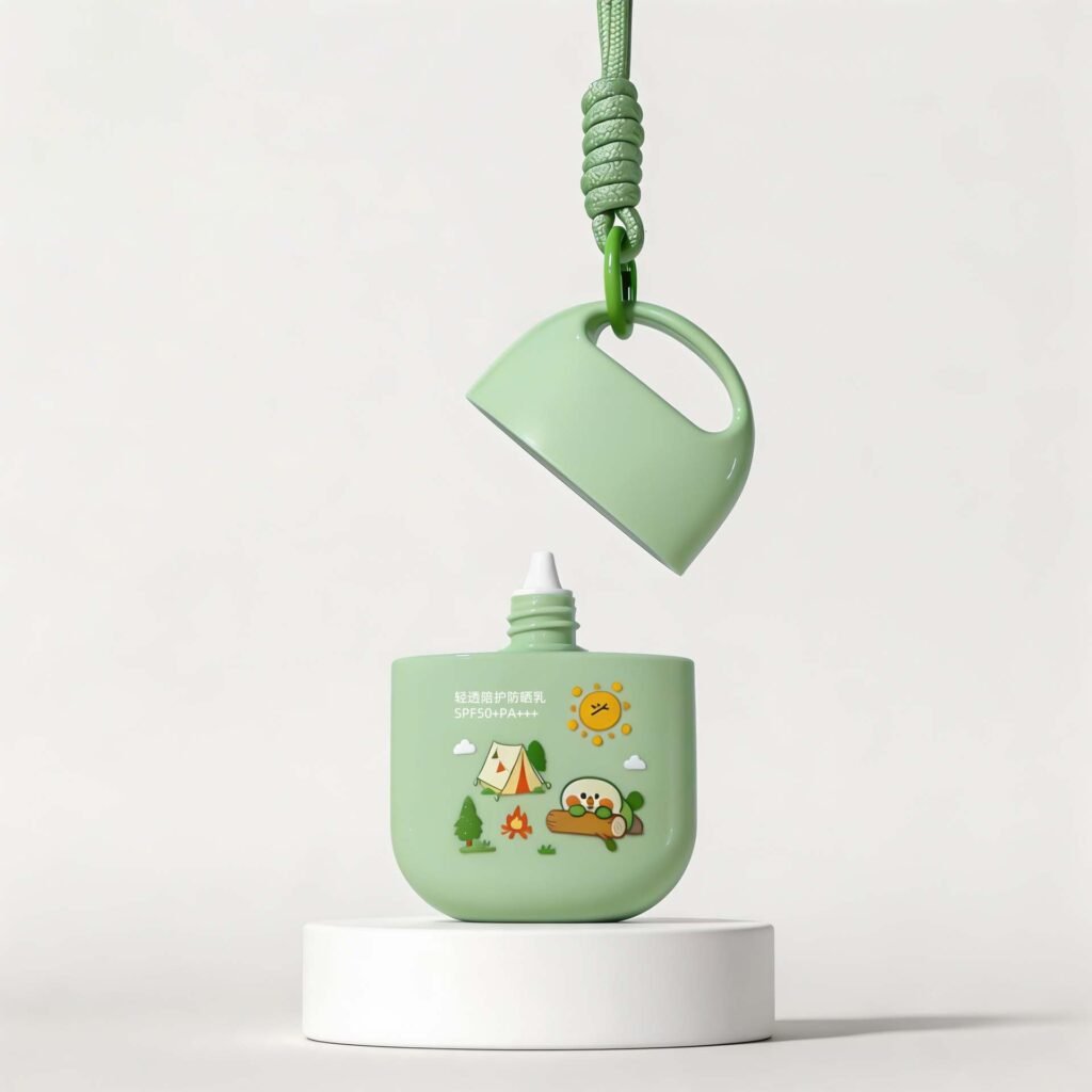 Close‑up of empty mono‑material sunscreen bottle for skincare packaging