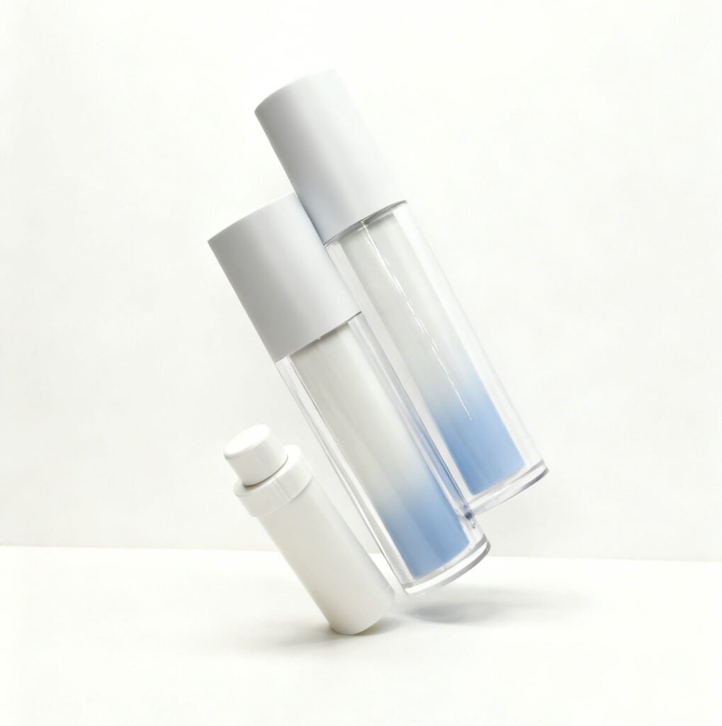 Refillable airless pump bottle nozzle tip detail, cosmetic packaging