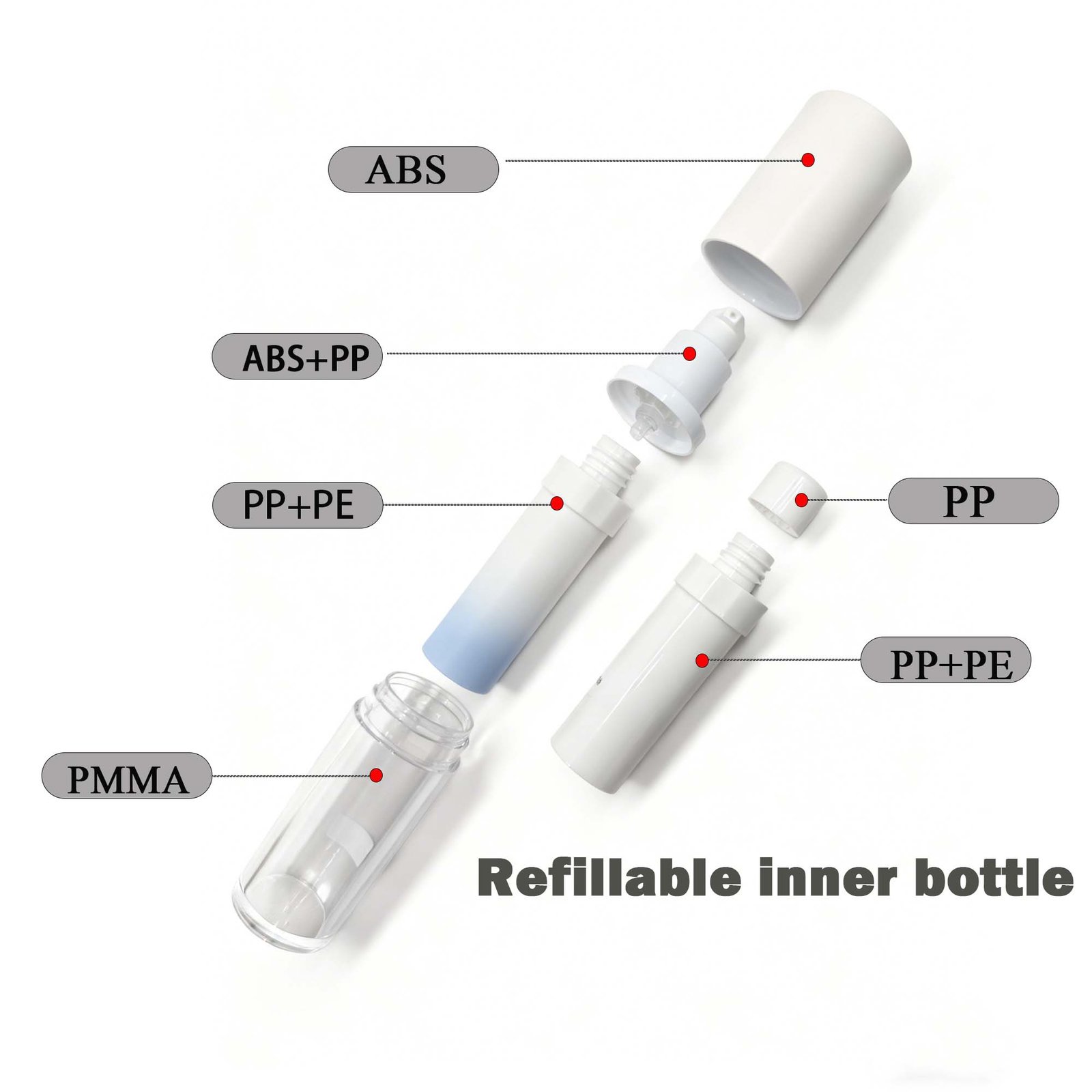 Refillable airless pump bottle packaging side view