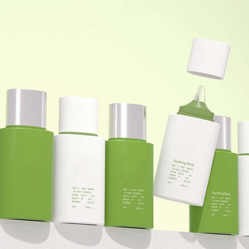 Sustainable sunscreen bottle packaging made with PCR material for eco friendly skincare brands
