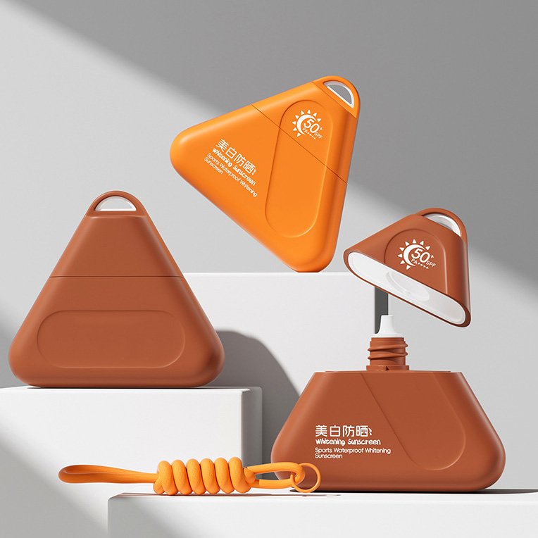 Triangular sunscreen bottle packaging with unique shape design for cosmetic brands