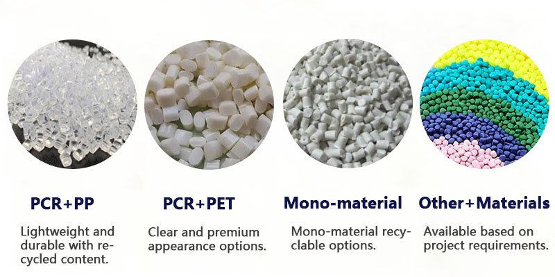 Sustainable Materials for Airless Bottles PCR PP Lightweight and durable with recycled content. PCR PET Clear and premium appearance options. Recyclable PP Mono-material recyclable options. Other Materials Available based on project requirements.