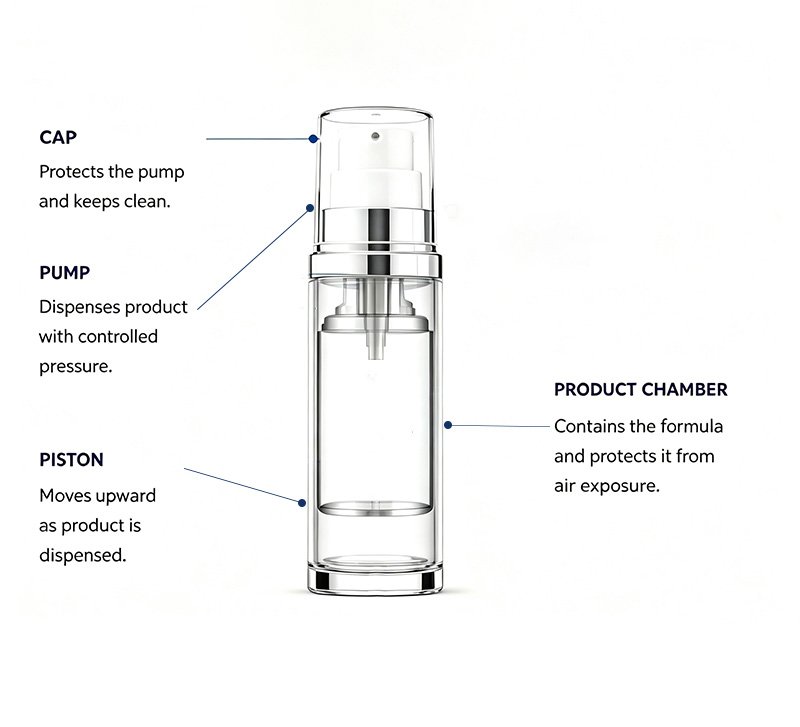 How Does an Airless Pump Bottle Work? CAP Protects the pump and keeps clean. PUMP Dispenses product with controlled pressure. PISTON Moves upward as product is dispensed. ACTUATOR Pressed by the user to activate the pump. PRODUCT CHAMBER Contains the formula and protects it from air exposure.