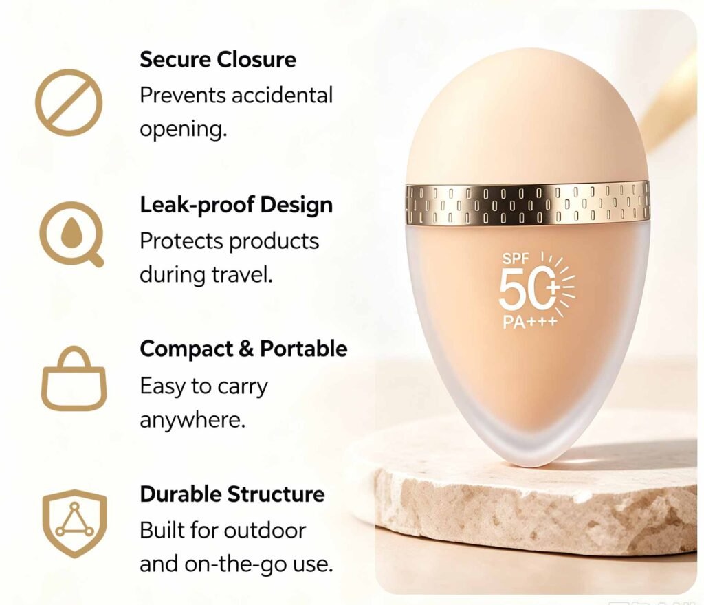 Discus Packaging offers solutions for your sunscreen packaging needs: Travel & Leak Protection Secure Closure Prevents accidental opening. Leak-proof Design Protects the product during travel. Compact & Portable Easy to carry anywhere. Durable Structure Built for outdoor and on-the-go use.