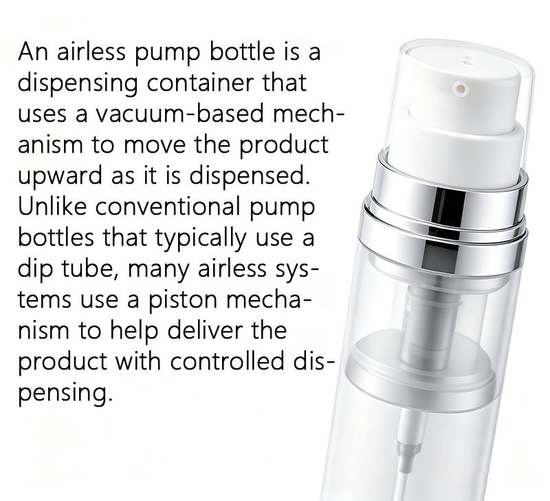 An airless pump bottle is a dispensing container that uses a vacuum-based mechanism to move the product upward as it is dispensed. Unlike conventional pump bottles that typically use a dip tube, many airless systems use a piston mechanism to help deliver the product with controlled dispensing.