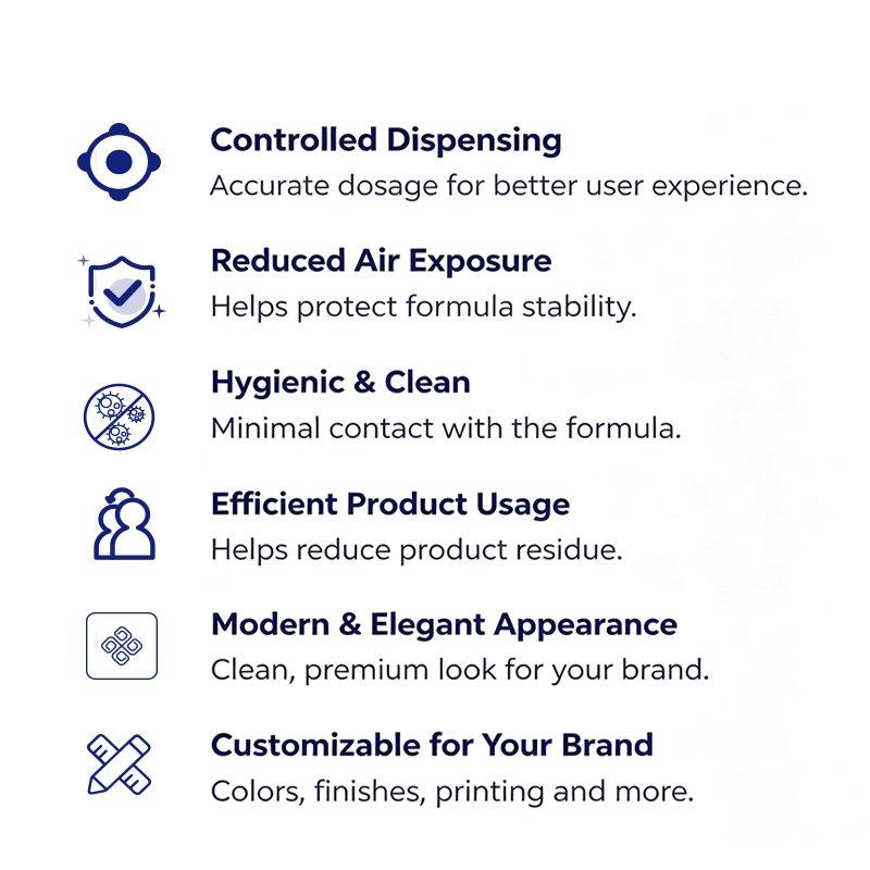 Why Choose Airless Pump Bottle Packaging? Controlled Dispensing Accurate dosage for better user experience. Reduced Air Exposure Helps protect formula stability. Hygienic & Clean Minimal contact with the formula. Efficient Product Usage Helps reduce product residue. Modern & Elegant Appearance Clean, premium look for your brand. Customizable for Your Brand Colors, finishes, printing and more.