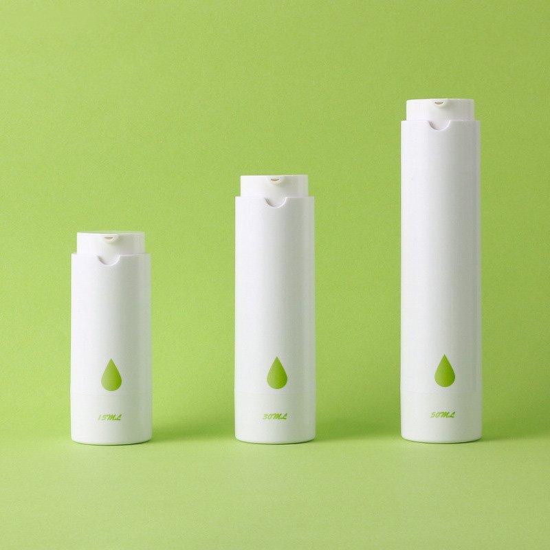Eco friendly airless skincare bottle closeup details, recyclable skincare packaging