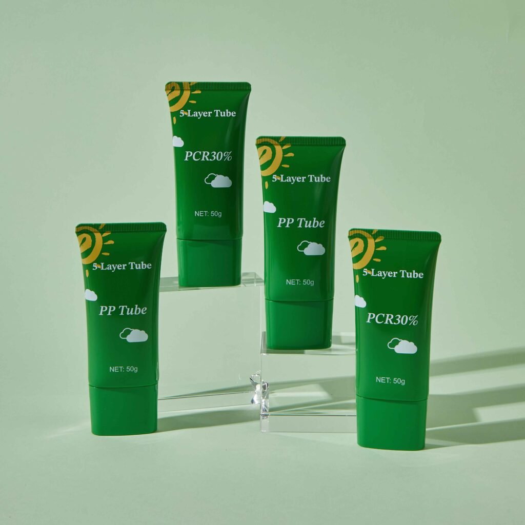 PCR cosmetic tube packaging made with recycled plastic materials for skincare products